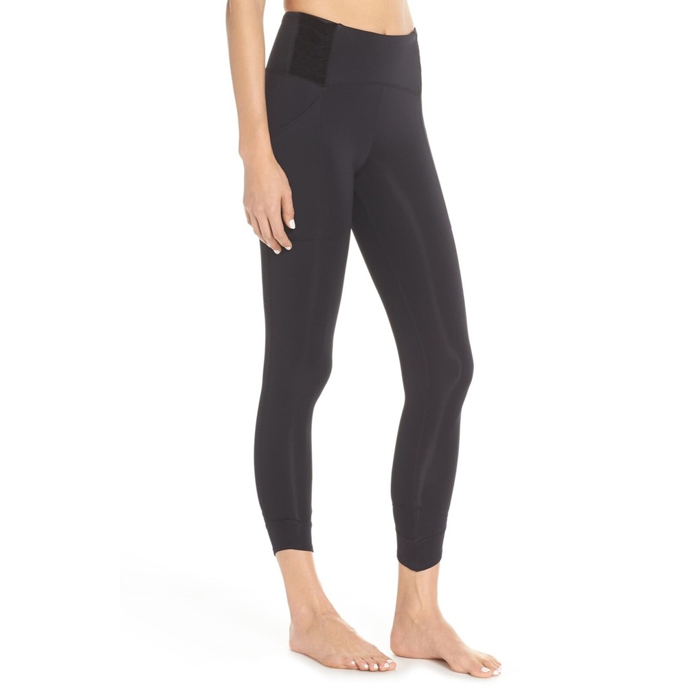Free People FP Movement Wonderstruck Black Velvet Detail Leggings Sz L